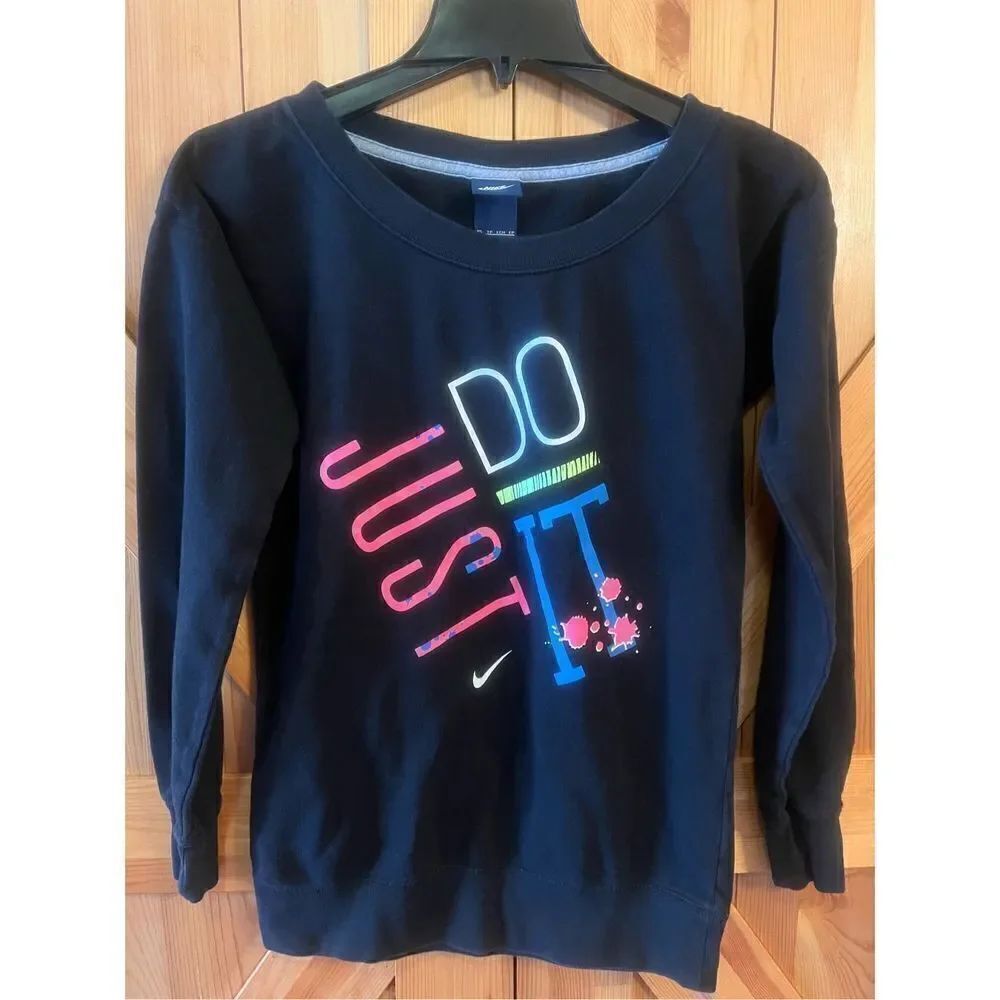 NIKE JUST DO IT Sweatshirt VINTAGE Women’s XS Black Day Glow Logo RARE (1154)